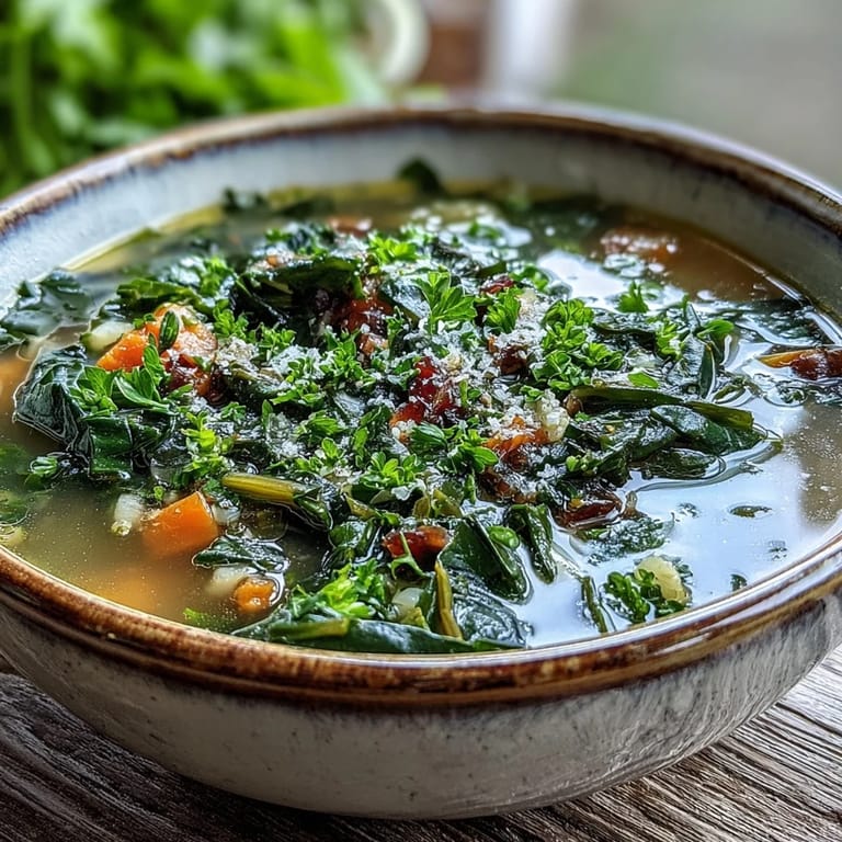 Swiss Chard Soup ladled from a pot, featuring tender greens and carrots in clear broth.