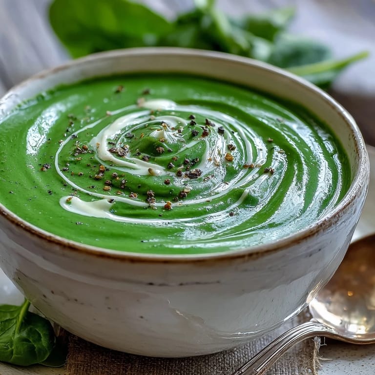 Homemade Spinach Soup steaming gently, paired with crusty bread and a swirl of yogurt on top.
