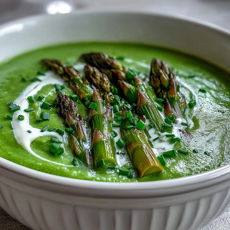 Creamy vegetarian asparagus soup topped with lemon zest and crisp bread on the side.