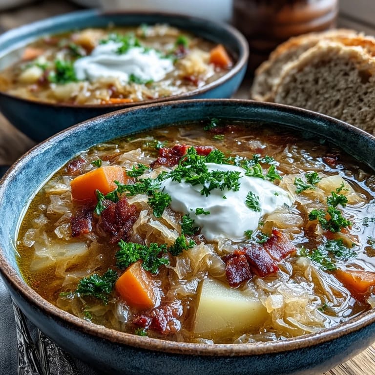 Tangy Sauerkraut Soup simmering with smoked sausage and potatoes, ready to enjoy with crusty rye bread.