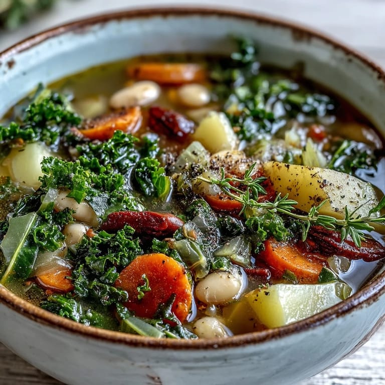Dampfendes Kale Soup aus dem Ofen, serviert mit knusprigem Brot und einem Spritzer Zitrone für frischen Geschmack.