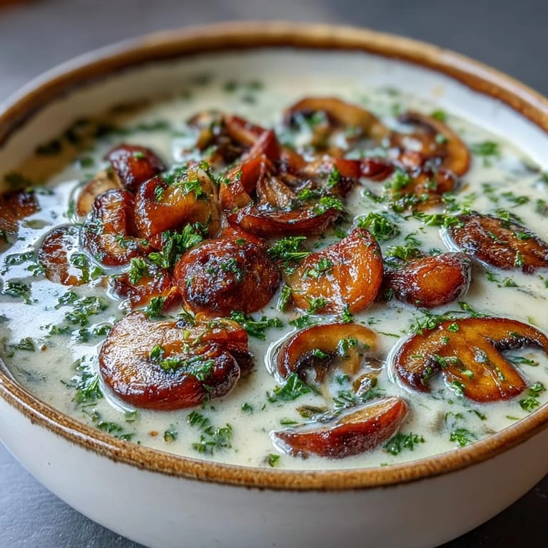 Goldbraune Mushroom Soup wird mit einem Schuss Scherry in einer Küchenpfanne zubereitet.