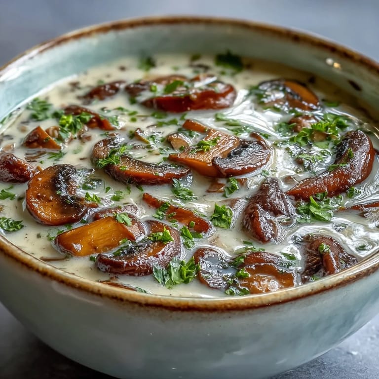 Eine Schüssel Mushroom Soup mit saftigen Pilzstücken und Wurzelgemüse, serviert mit Brot.