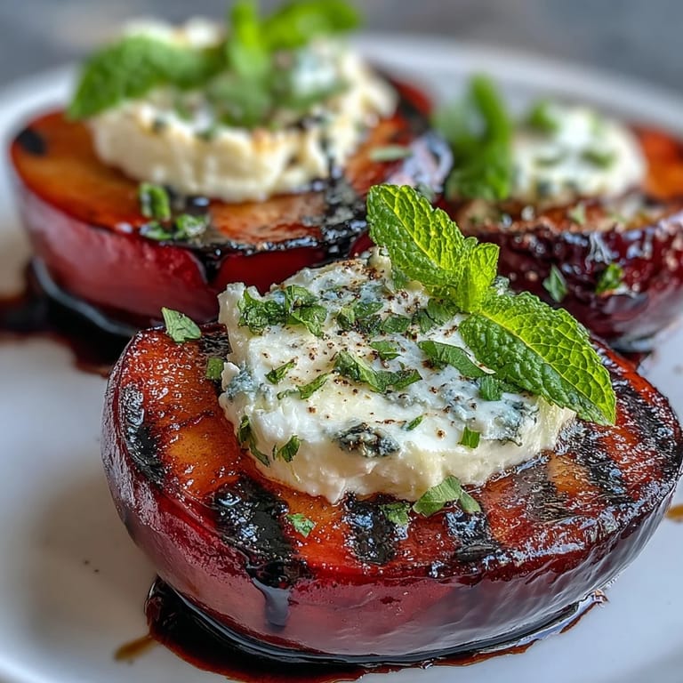 Warm grilled plums topped with creamy goat cheese and glossy balsamic glaze with a black pepper sprinkle on a serving plate.  