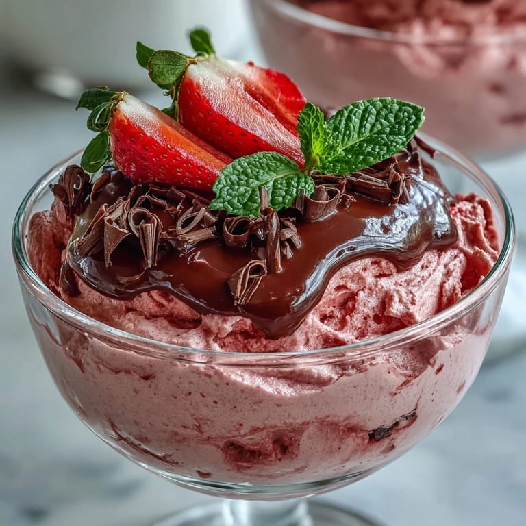 Creamy Chocolate-Covered Strawberry Mousse in Ramekins, zart rosafarben und mit dunkler Ganache gekrönt.