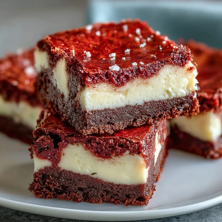Saftige Red Velvet Cheesecake Brownies mit zarten weißen Krümeln und einer sauberen Schnittfläche.
