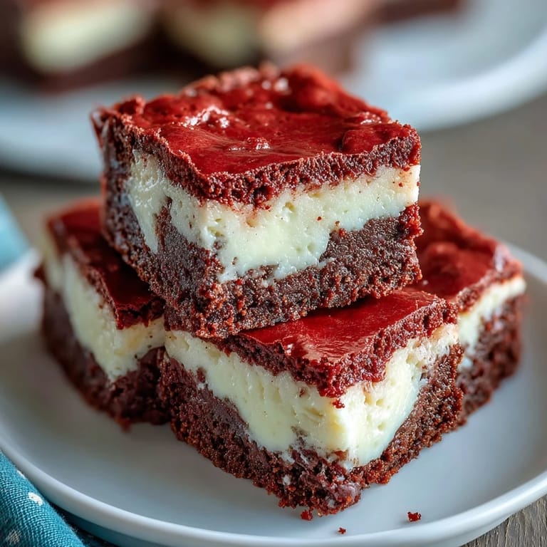 Ein leckerer Bissen Red Velvet Cheesecake Brownies zeigt die leuchtend rote Schicht und den cremigen Käseüberzug.
