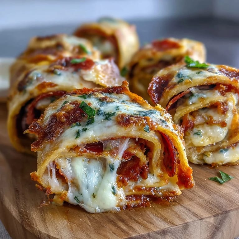 Freshly baked Tortilla Pizza Rolls sit on a wooden board, perfect for dipping into extra sauce during a family lunch or game day.