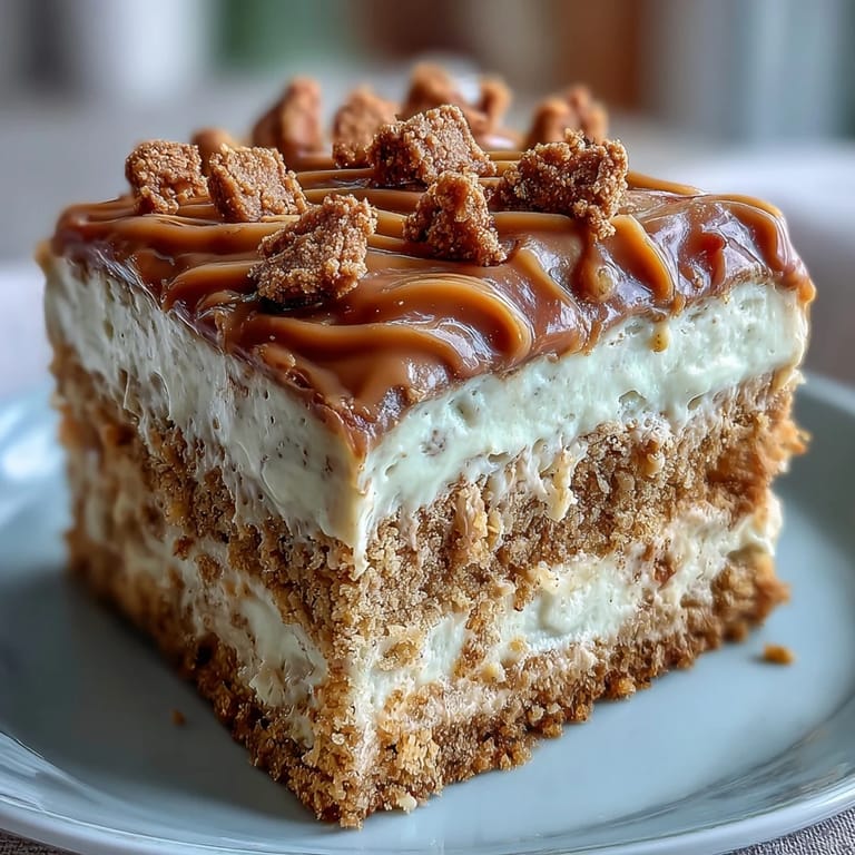 Gebackener Decadent Baked Biscoff Cake mit glatter Lotus-Frosting-Topping und Karamell-Keksen für den Desserttisch.
