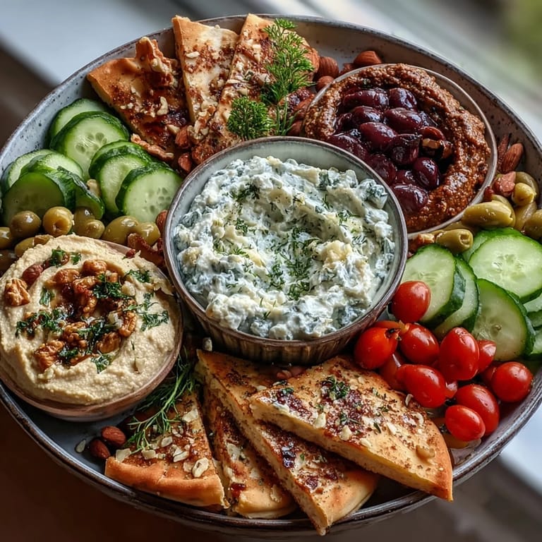 Mediterranean Brunch Board mit Dips aus Aubergine und Joghurt für genussvolles Teilen.