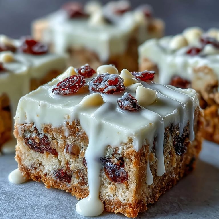 2. Gebackene Cranberry Bliss Bars mit orangen Zesten und rosafarbenem glasierten Rand auf Pergamentpapier.