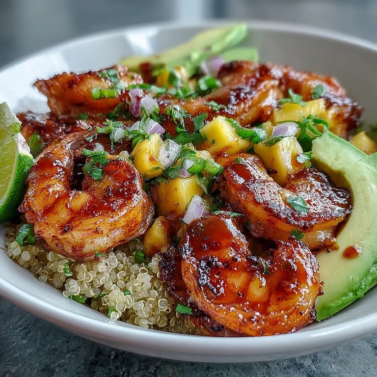 Chili lime sauce drizzled over grilled shrimp, avocado, and quinoa with bright mango salsa.