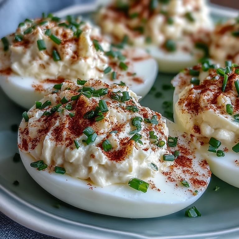 Frisch zubereitete Million Dollar Deviled Eggs mit glatter Füllung aus Eigelb, Mayonnaise und Frischkäse, bestreut mit Paprika und Schnittlauch.
