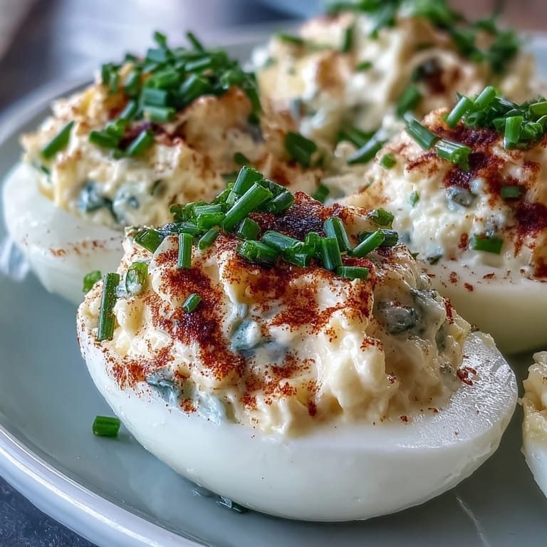 Zubereitete Million Dollar Deviled Eggs auf einem Serverplatter, garniert mit Paprikapulver und fein gehacktem Schnittlauch für den letzten Kick.