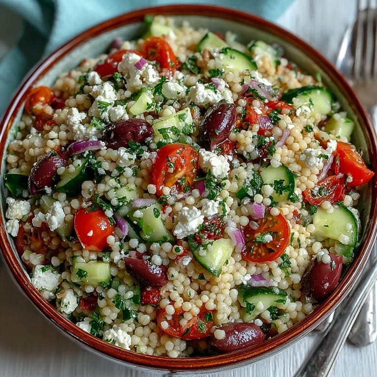 Gekühlte Mediterranean Pearl Couscous mit Oliven und Oregano-Dressing, belegt mit Käse und Kräutern.