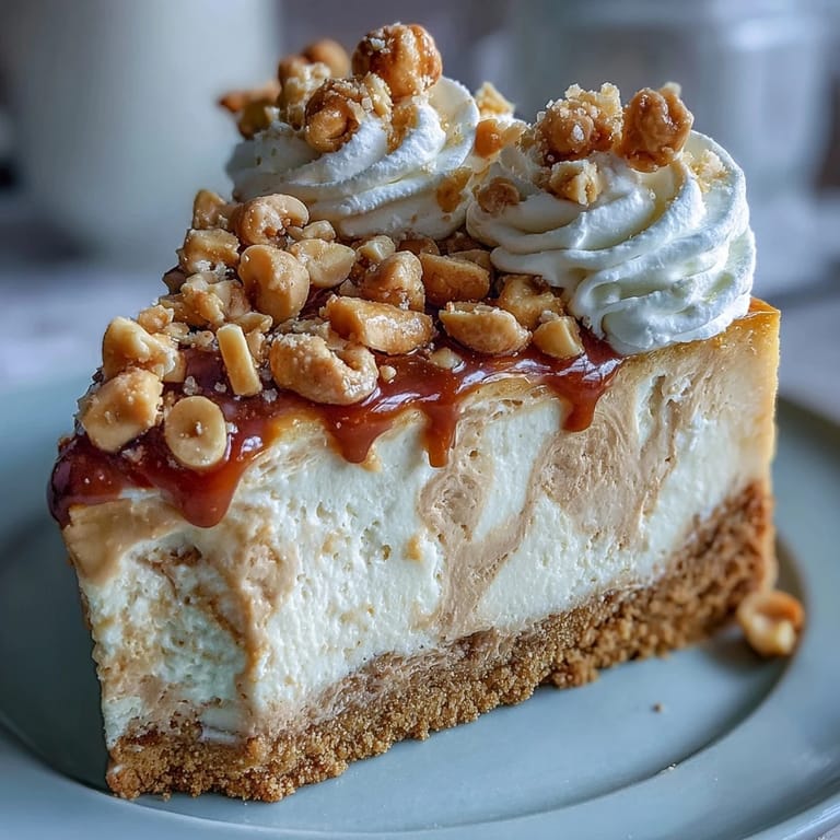 Üppiges Nutter Butter Cheesecake mit gewellter Sahne, knusprigen Erdnüssen und Keksstücken, ideal für süße Dessert-Liebhaber.