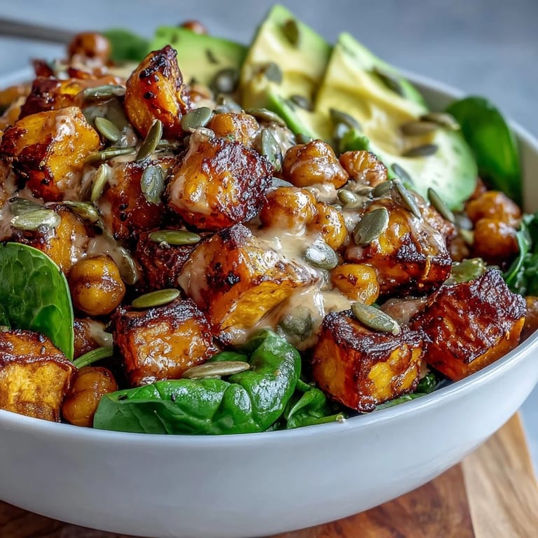 A nutritious roasted sweet potato and chickpea bowl ready for meal prep, featuring toasted pumpkin seeds and fresh cilantro garnish.
