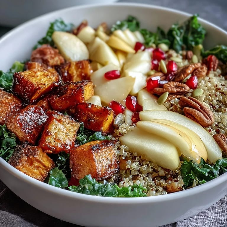 Der Kale Harvest Grain Bowl wird mit cremigem Avocado-Aufguss serviert und perfekt für ein gesundes Mittagessen.