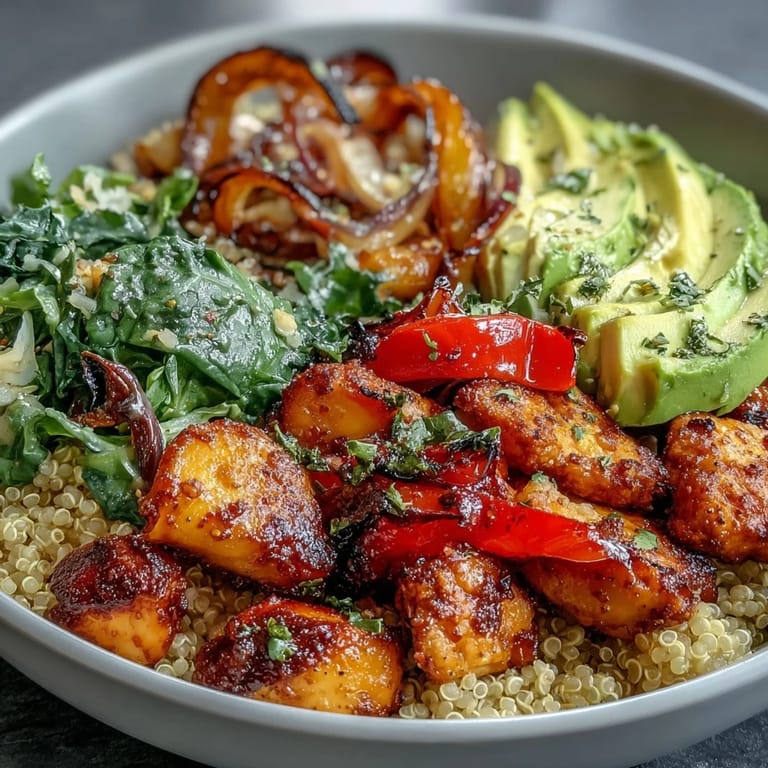 Farbenfrohe Ofengemüse, fluffiger Quinoa und knusprige Hähnchenbruststreifen in einem Paprika Roasted Vegetable Quinoa Bowl.