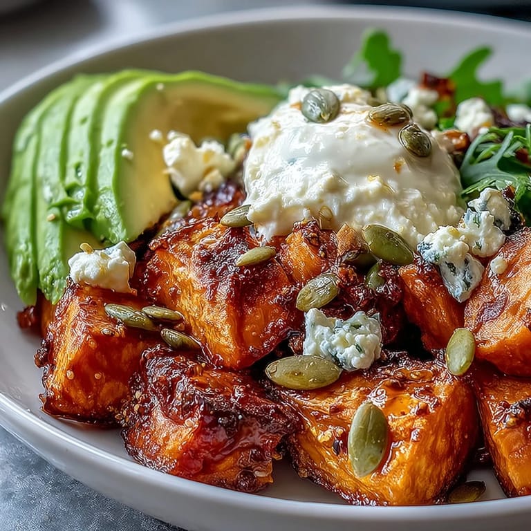 Gebackene Süßkartoffeln mit knusprigen Rändern im Hot Honey Sweet Potato Bowl mit Käse und Samen