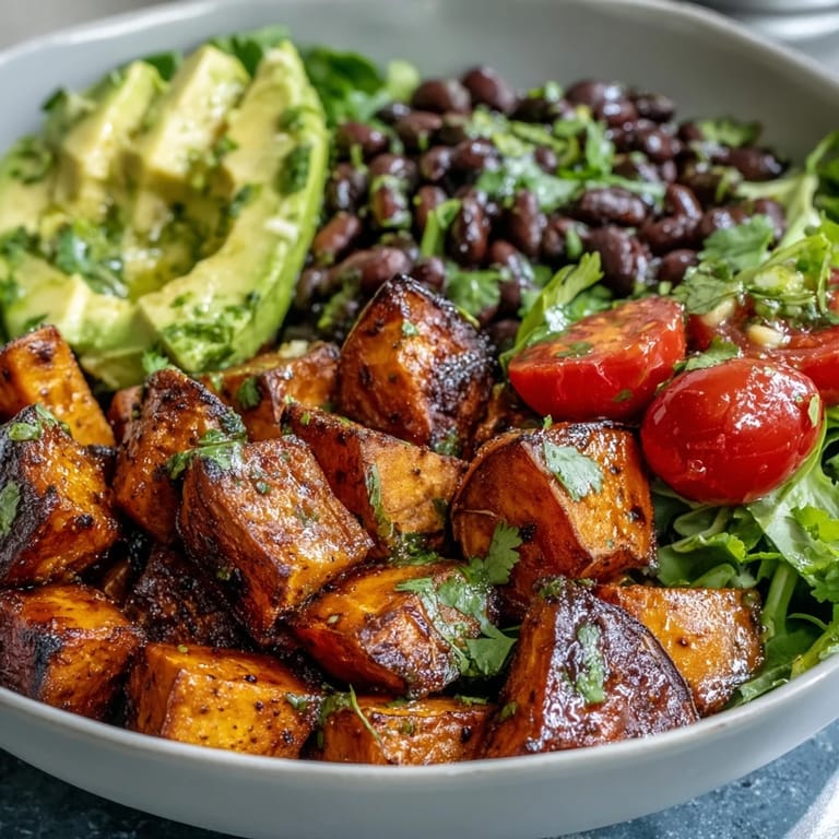 Vibrant Sweet Potato and Black Bean Bowl topped with cilantro, juicy tomatoes, and lime wedges.