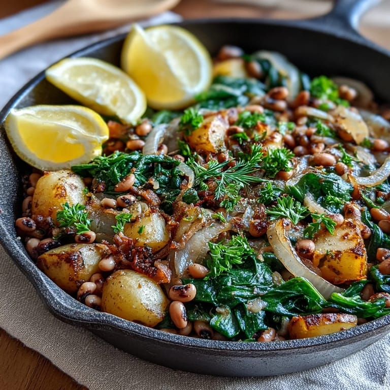 Herzhafte Black-Eyed Pea Skillet Dinner in der Gusseisenpfanne, garniert mit Spinat und Zitronenscheiben.