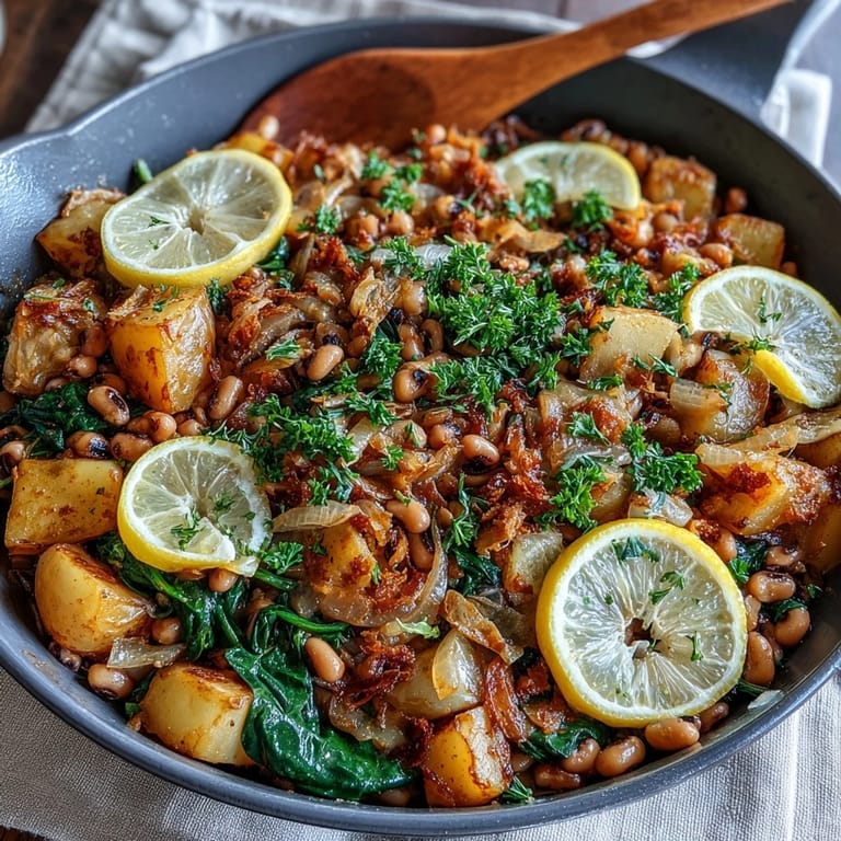Würzige Black-Eyed Pea Skillet Dinner, serviert als nahrhaftes Abendessen mit gedünsteten Gemüse in der Pfanne.