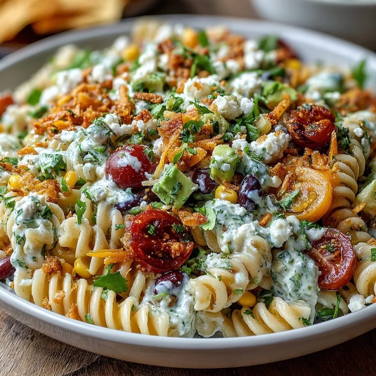 Bunter Taco-Pastasalat mit schwarzen Bohnen, Mais und Avocado, ideal für Potlucks und Picknicks.