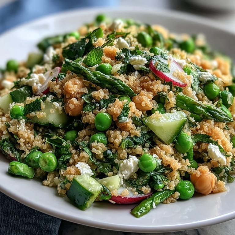 Bunter Couscous-Salat mit zarten Erbsen, frischer Minze und knackigen Radieschen für ein erfrischendes Frühlingsgericht.
