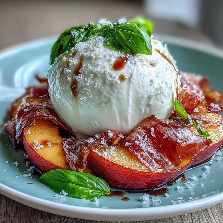 Frischer Burrata und Pfirsich Salat mit Prosciutto, perfekt für leichte Sommermahlzeiten.