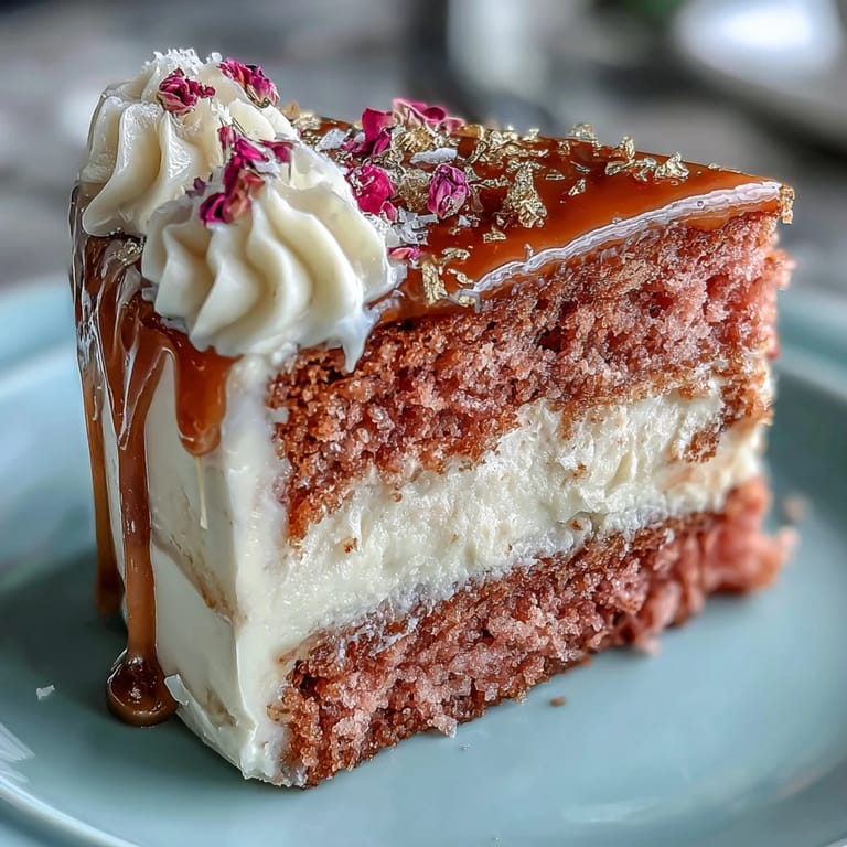 Festliche Rosé Samttorte mit luxuriösem Roséwein und essbarem Gold überzogen.