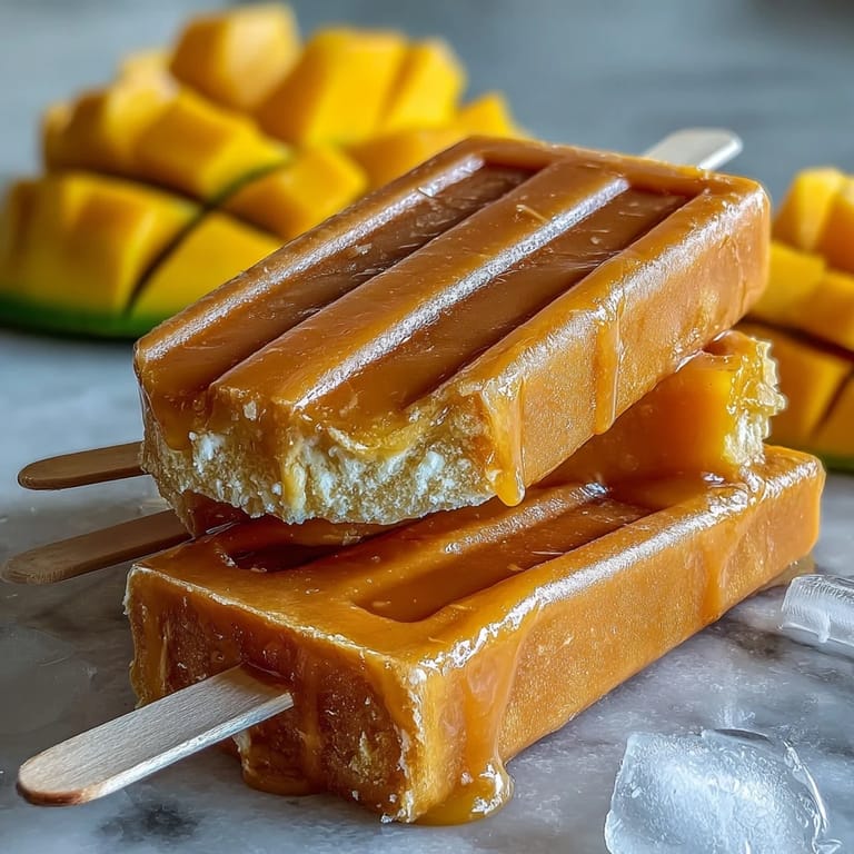 Sommerliche vegane Mango Kokos Popsicle, zart schmelzend mit exotischem Fruchtgeschmack.