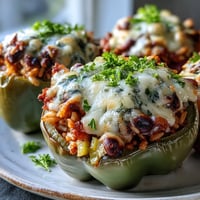 Vier goldbraune, mit Black-Eyed Pea Stuffed Peppers gefüllte Paprikahälften mit Käsekruste aus dem Ofen.