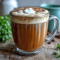 Hojicha Latte mit Vanilleextrakt: Ein cremiger, bräunlicher Getränkeaufguss in einer weißen Tasse, dampfend und gemütlich.