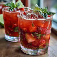 Erdbeer-Basilikum-Limonade in einem Krug mit frischen Früchten und Kräutern.  