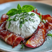 Cremiger Burrata und Pfirsich Sommer Salat mit Prosciutto, Balsamico-Glasur.